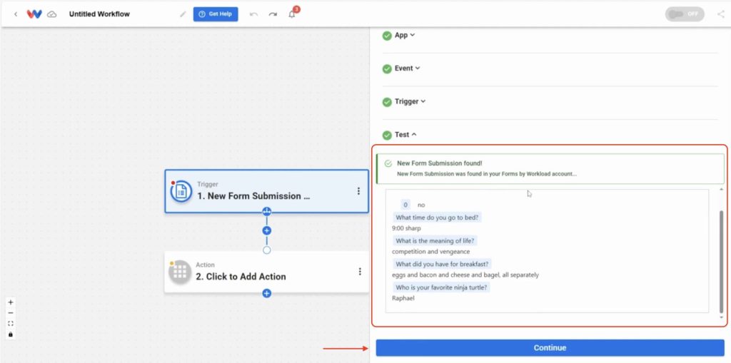 The captured form response appears inside your automation, completing the Create Custom Business Forms setup.