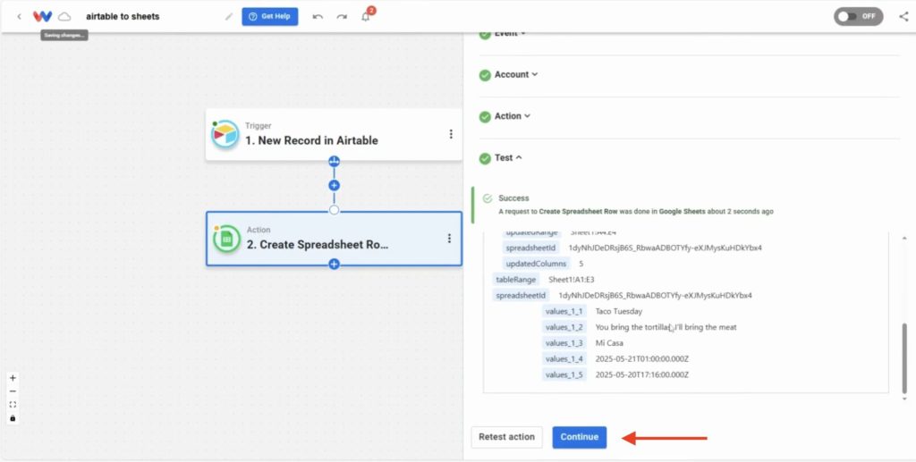Verifying successful spreadsheet row creation after test action.