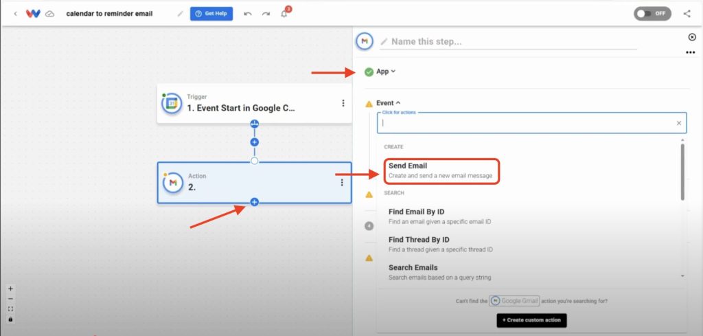 Editor view of Workload platform with red arrows pointing to the "+" symbol, app selection, and "Send Email" option of event.