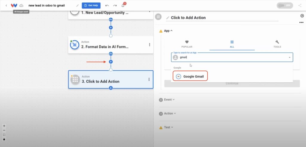 Adding a Gmail action step in Workload automation.