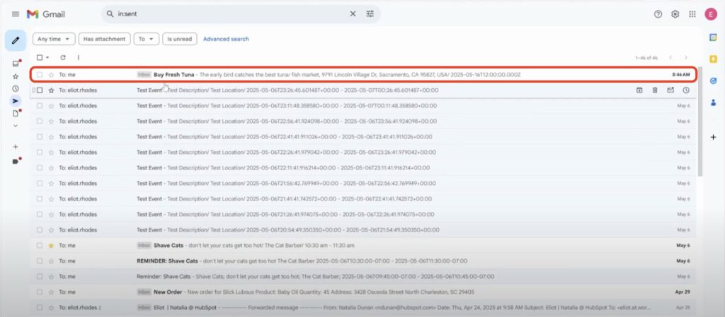 Verifying the test email in Gmail’s Sent folder to confirm the workflow can Send Gmails from Airtable