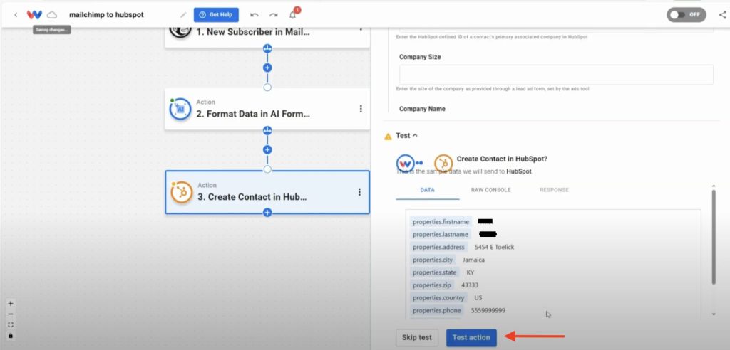 Test the HubSpot action.