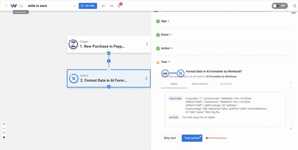 Run a test to see how product info appears in your Zettle Sales to Slack automation.