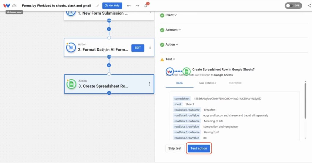 Click Test Action to check that a row was added to your Google Sheet.