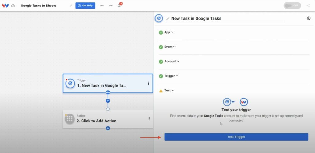 Running a trigger test to detect new Google Tasks and begin the logging automation