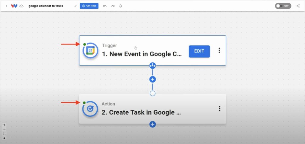 Workflow editor showing both trigger and action steps marked successful.