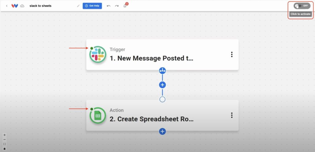 Toggle the On/Off switch to activate your Slack to Sheets automation and begin logging messages automatically.
