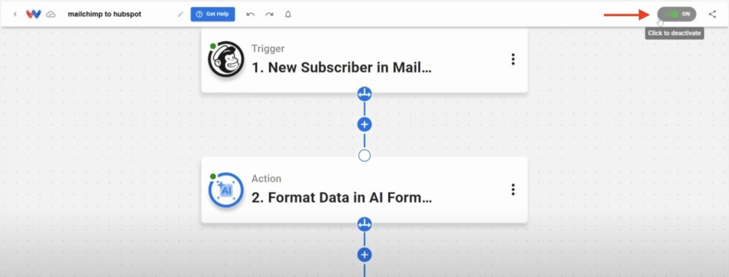 Activate the finished Mailchimp to HubSpot Sync worfklow.
