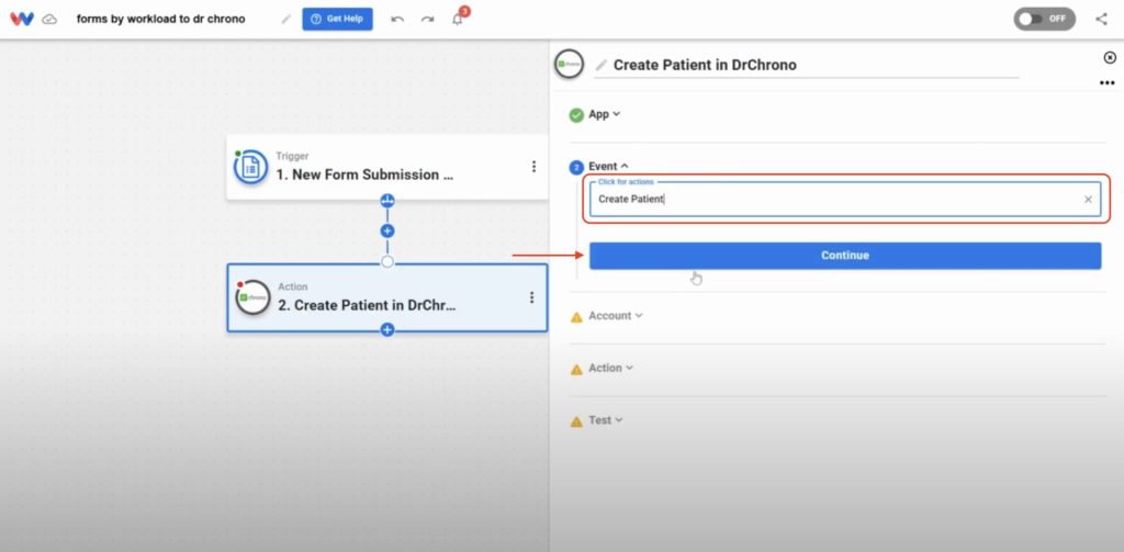 Select “Create Patient” as the event that will add new records to your DrChrono EHR.