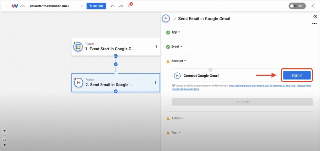 Editor view of Workload platform with red arrow pointing to "Sign in" button to connect Gmail account.