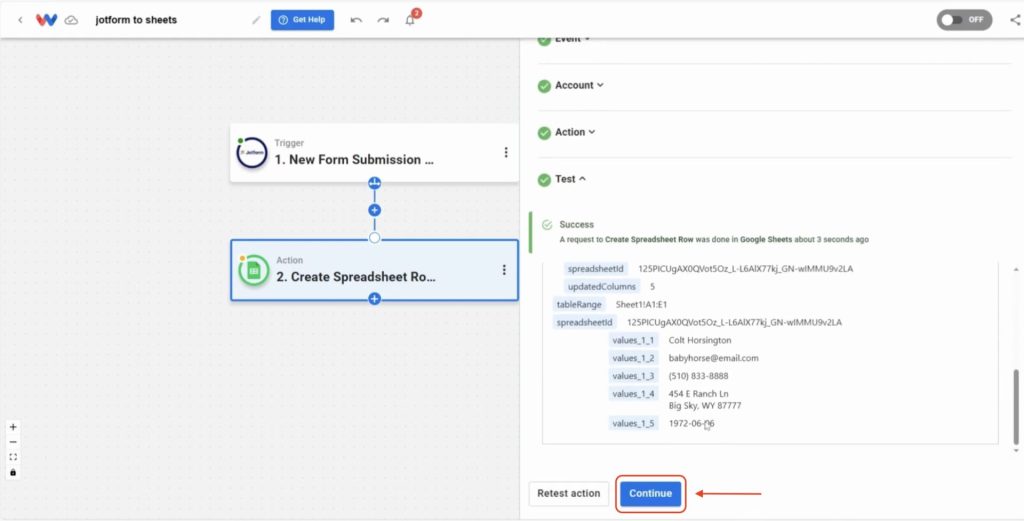 Click Continue after the test succeeds to complete setup and prepare to Sync Jotform Responses