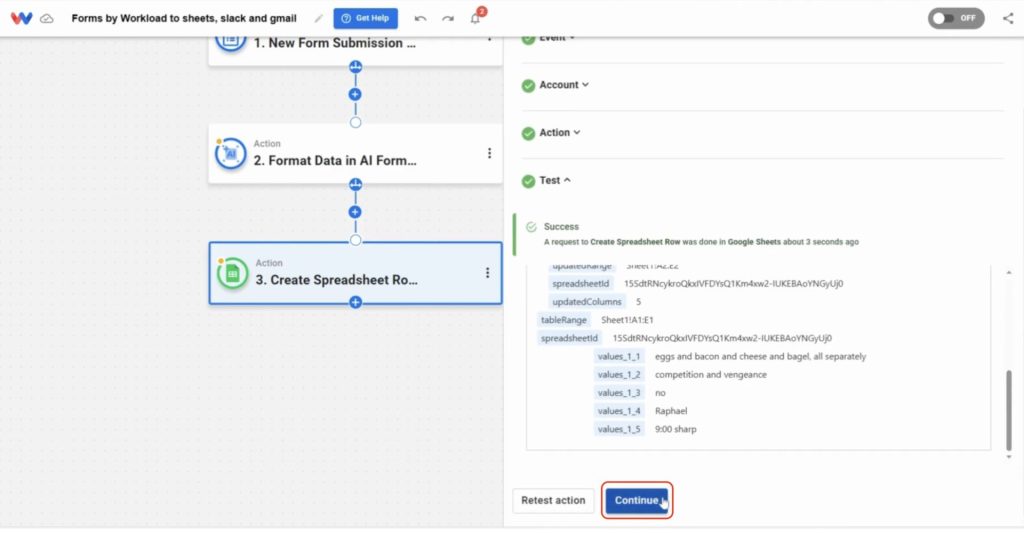 Press Continue to finish the Google Sheets setup step.