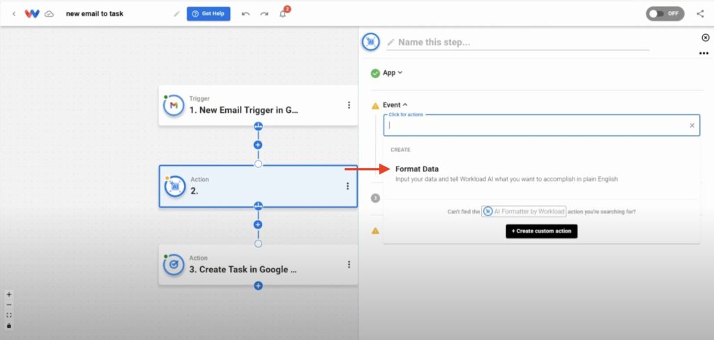 Select the “Format Data” event to reformat incoming values like timestamps for Google Tasks.