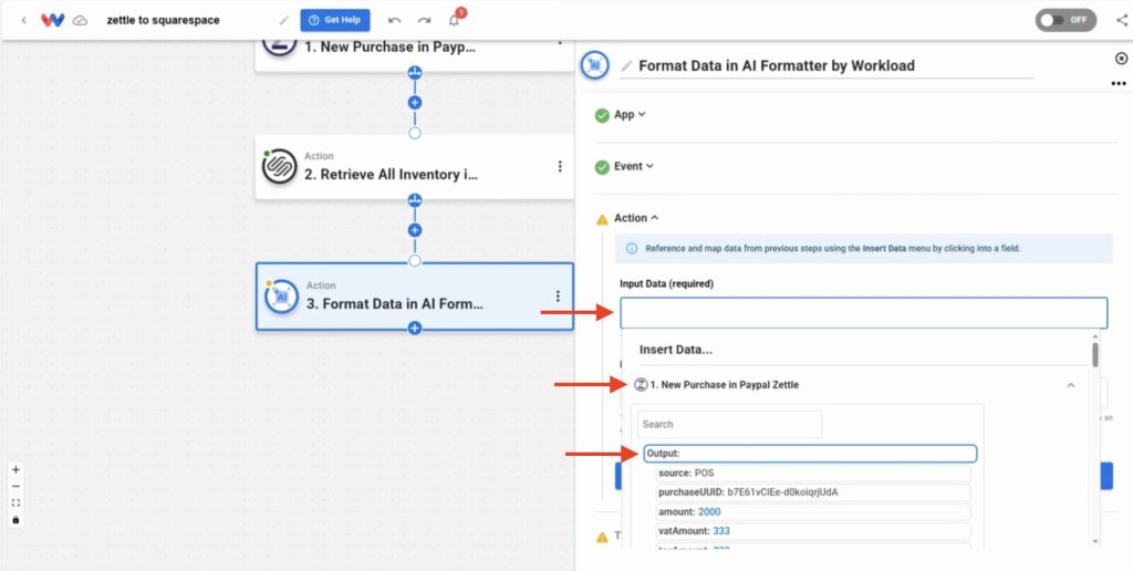 Inserting full Zettle purchase output as input data for formatting—key to accurate Squarespace updates
