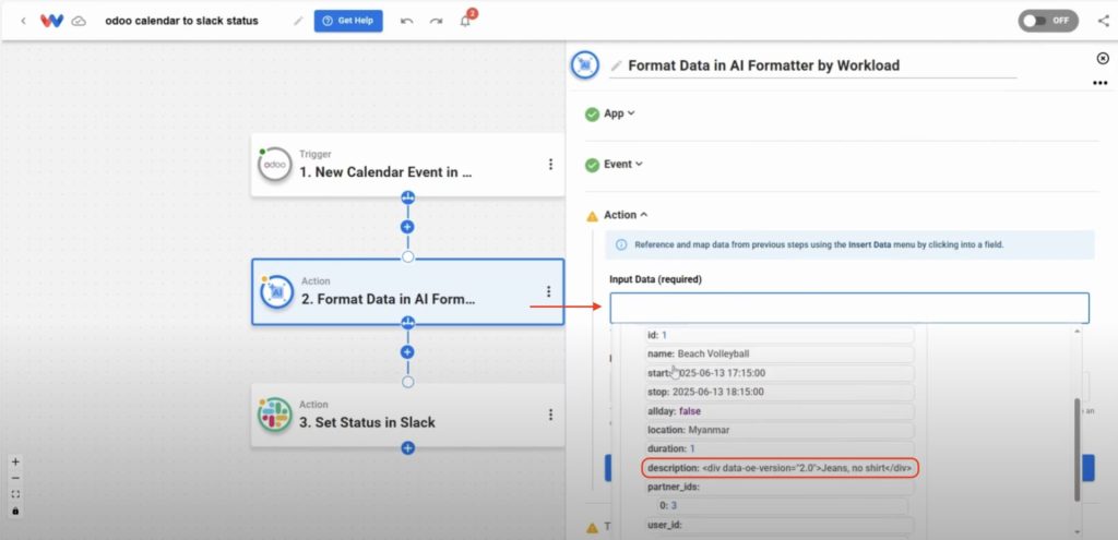 Inserting Odoo event description as input data for Slack Status from Odoo.