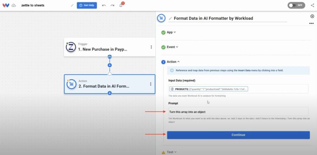 Typing a time-based prompt in AI Formatter to automatically calculate an end time from a Zettle purchase