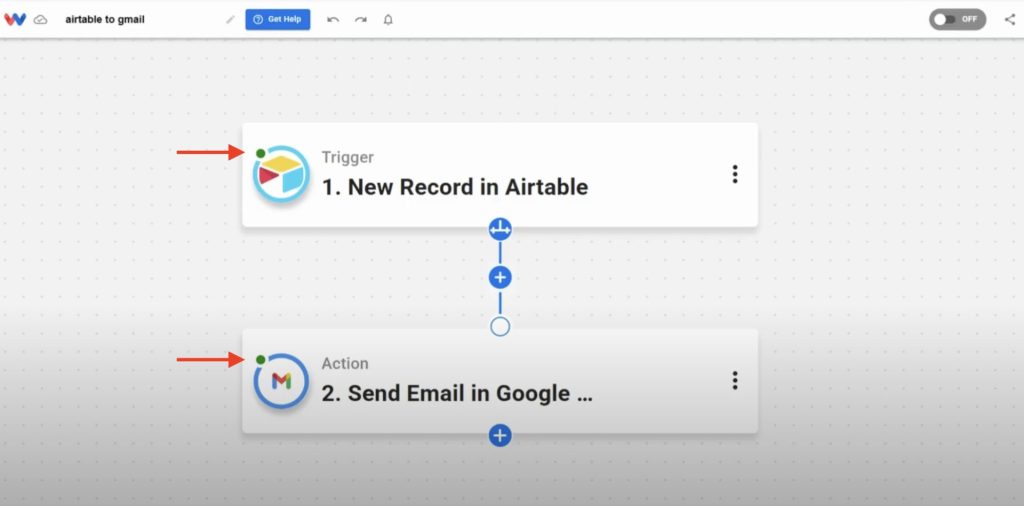 Confirming both Airtable trigger and Gmail action have green status in Workload editor