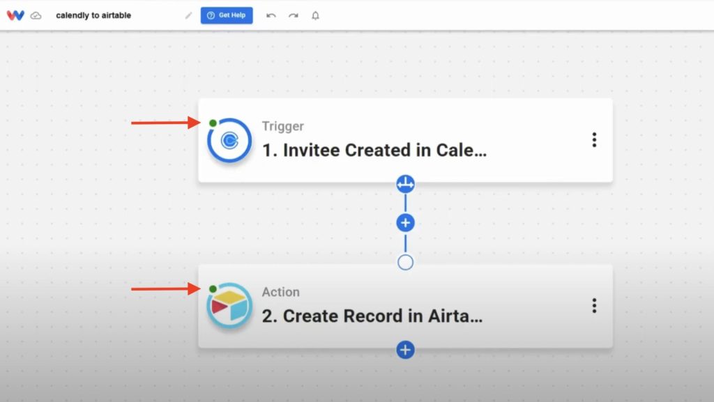 Confirming both the trigger and action steps are successfully connected in the workflow editor.