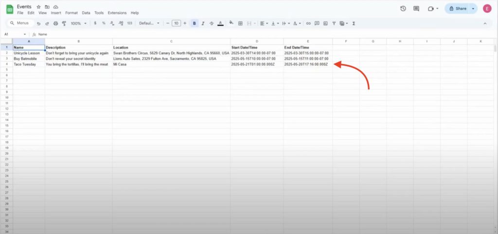 Spreadsheet view showing synced data from Airtable Records to Sheets automation.
