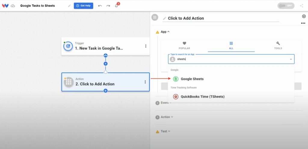 Choosing Google Sheets as the destination app to log task data