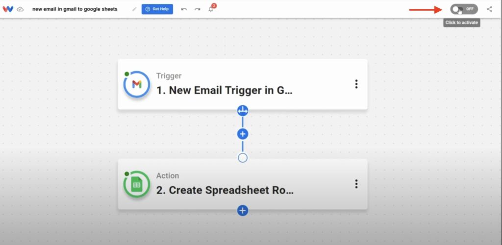 Final step shows the user activating the workflow to log Gmails to Sheets automatically.