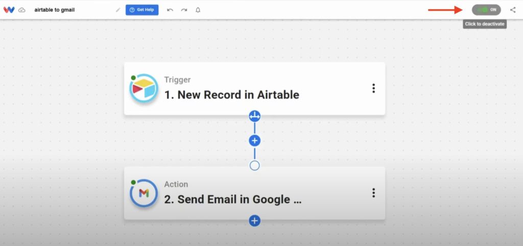 Final step to toggle on the workflow that sends automated Gmail messages from Airtable