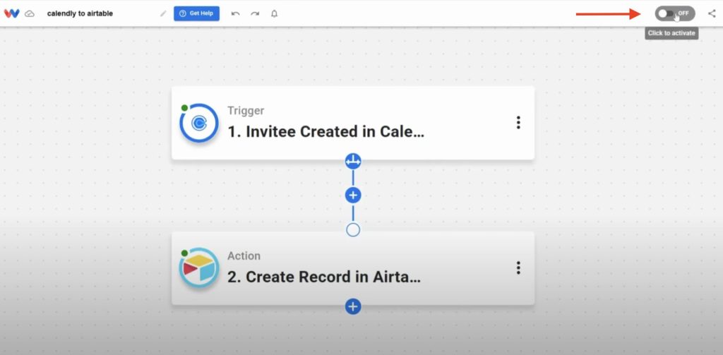 Turning on the Calendly invitees to Airtable workflow inside the Workload automation editor.