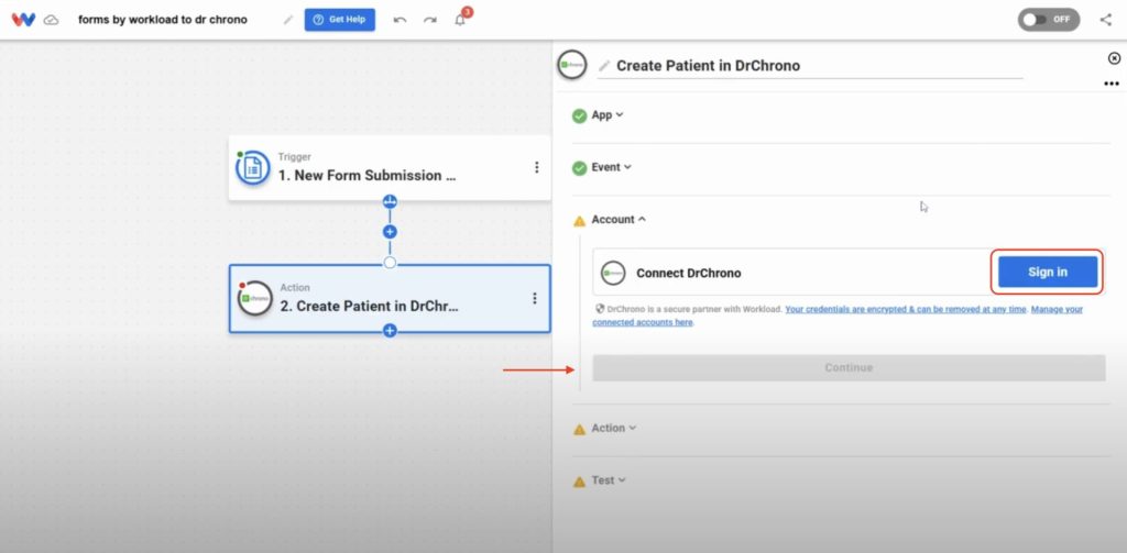 Click “Connect Account” and sign in to authorize your DrChrono integration with Workload.