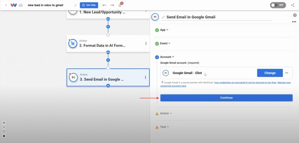 Connecting Gmail account to Workload to Email New Odoo Leads automatically.