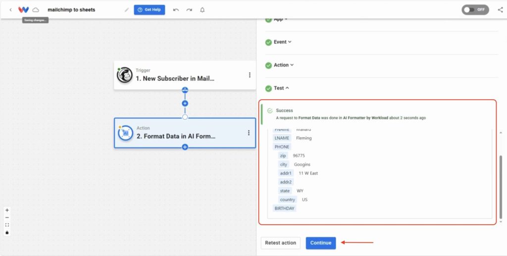 Click Continue once the formatted data has been confirmed and looks correct.