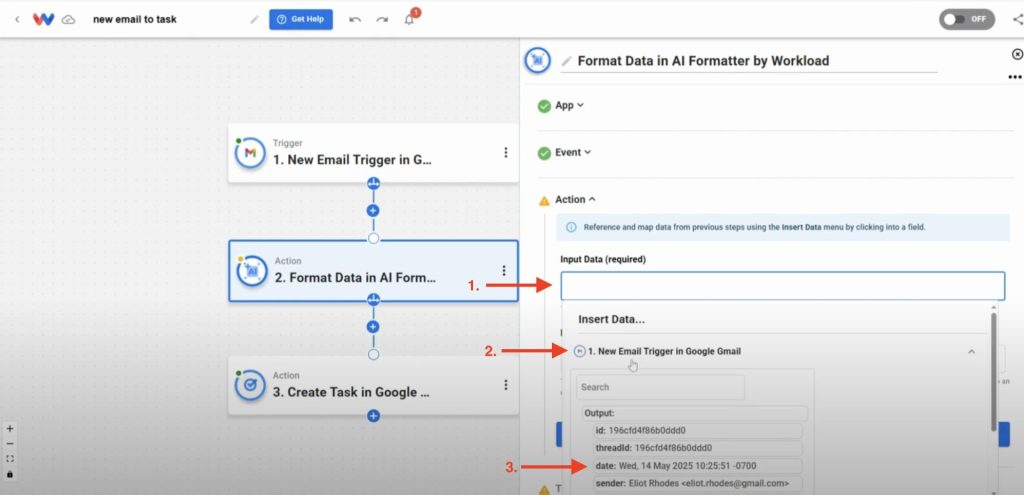 Pull in raw email data from the Gmail trigger step to use as the input for formatting.