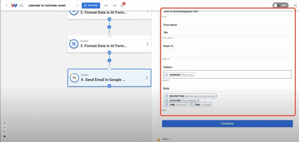 Editor view of Workload platform with red box around the mappable fields of the Send Email step.