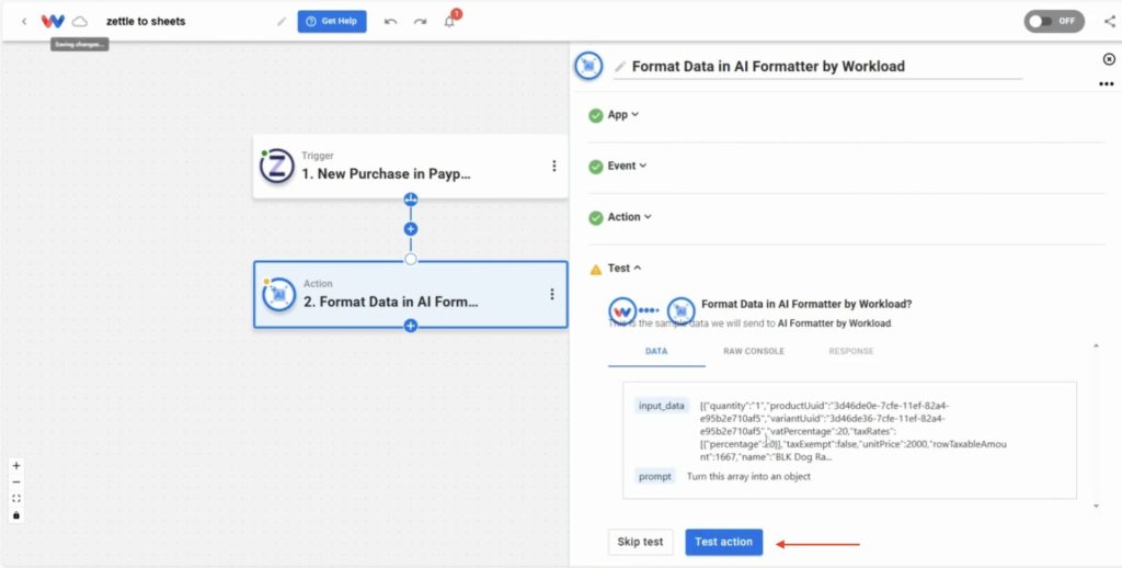 Running a test on the AI Formatter step to verify time transformation before saving Zettle data to Google Sheets