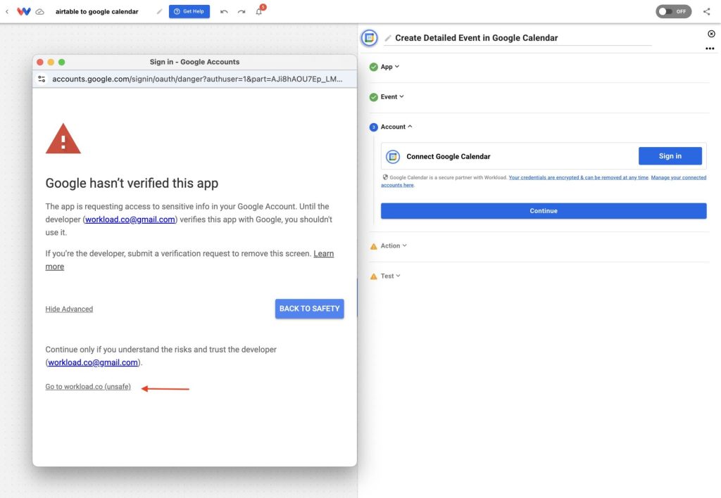 Bypass the unverified app warning to continue setup and turn Airtable records into Google Calendar Events