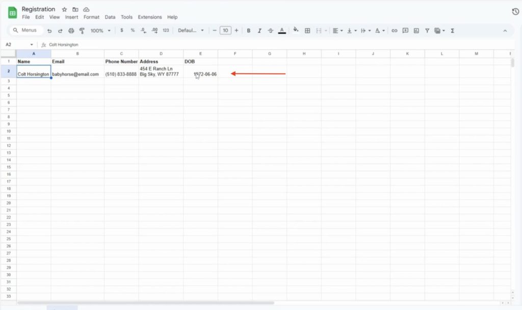 Check your Google Sheet to verify that the sample data from Jotform was successfully added as a new row