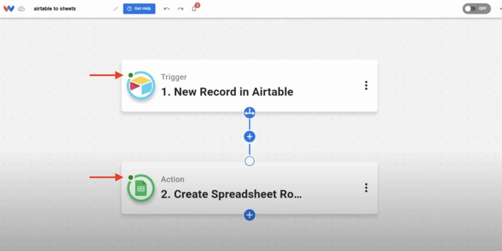 Green indicators confirming Airtable Records to Sheets workflow steps are working.