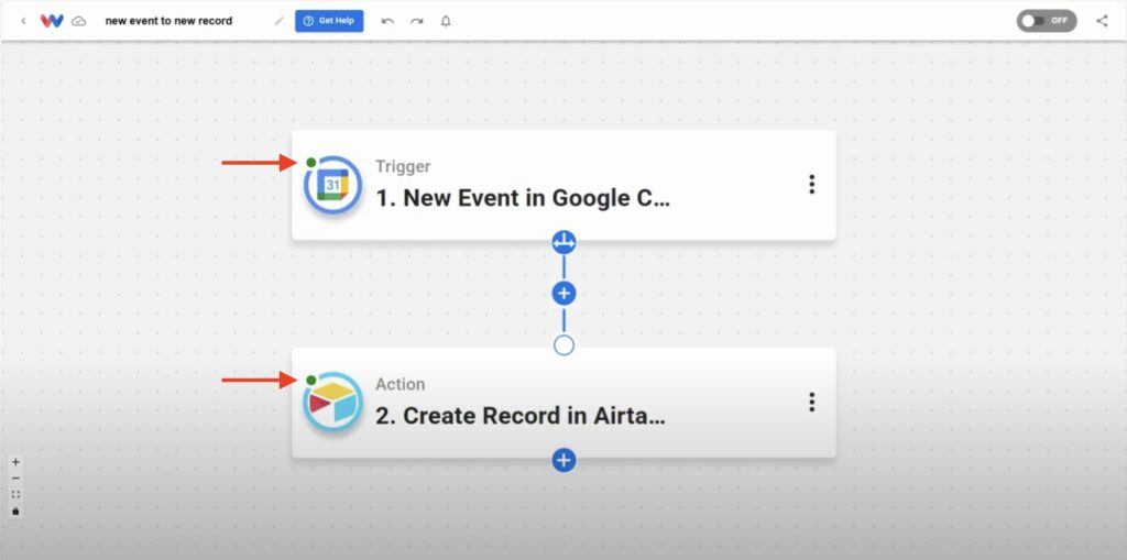 Final workflow view showing green light indicators on trigger and action
