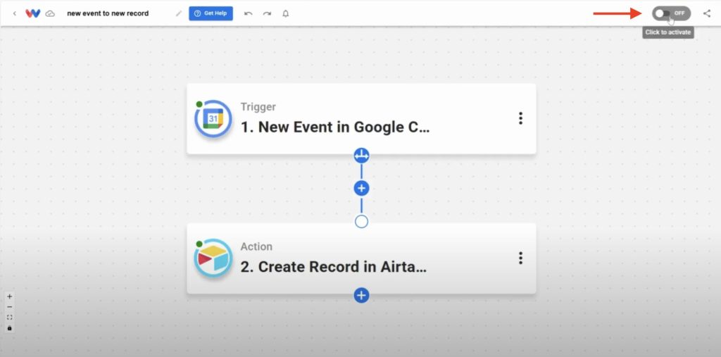 Workflow editor with toggle switch ready to activate the Google Calendar to Airtable automation