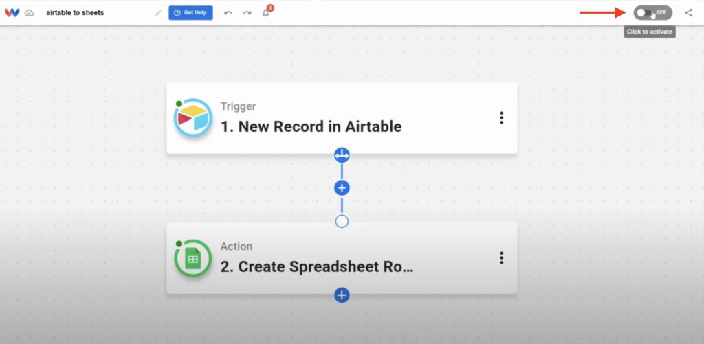Activating the Airtable Records to Sheets workflow in Workload.