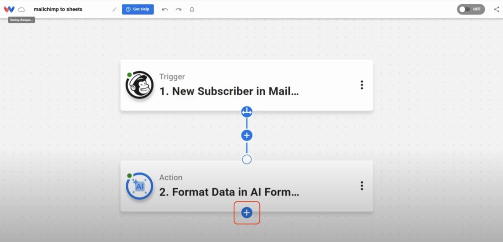 Click the plus sign to add a third step to your automation after formatting the data.