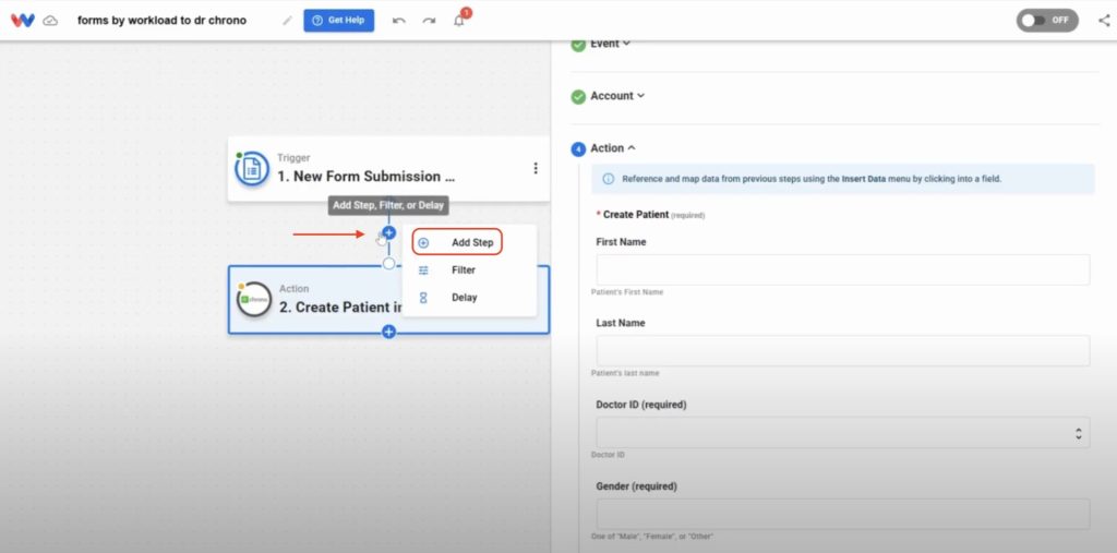 Insert an intermediate step to prepare the intake form data before it reaches DrChrono.