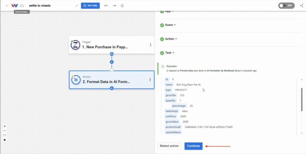 Clicking Continue to proceed after verifying the output from the AI Formatter for use in the next step