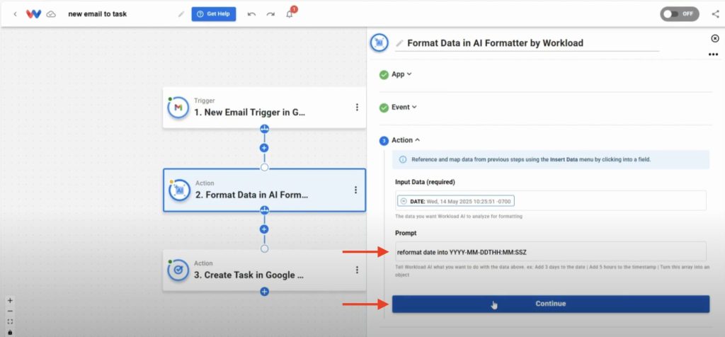Enter formatting instructions for Workload AI to convert the date into a compatible timestamp.