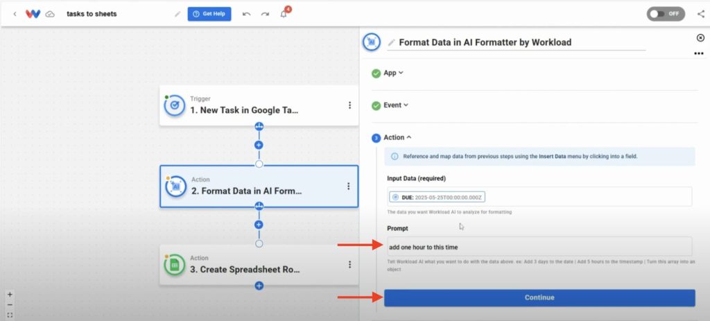 Adding a prompt to AI Formatter to add one hour to the due date