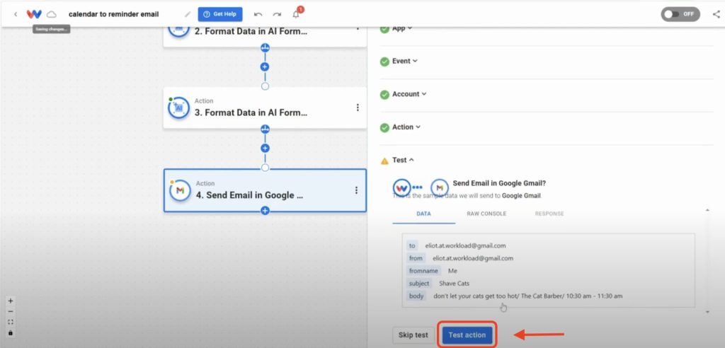 Editor view of Workload platform with red arrow pointing to the "Test action" button.