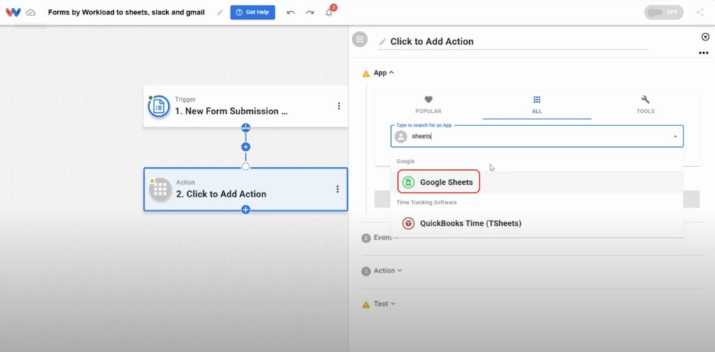 Choose Google Sheets as the app where you want to send the form data.