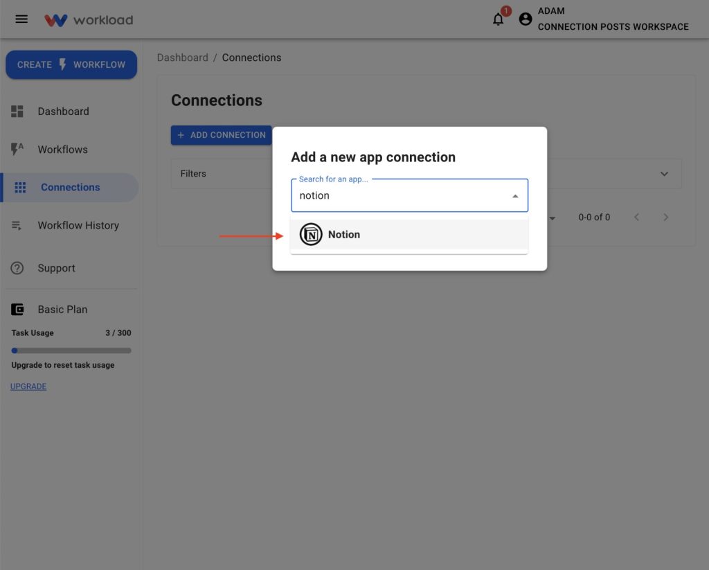 App connection popup with Notion selected from search results.