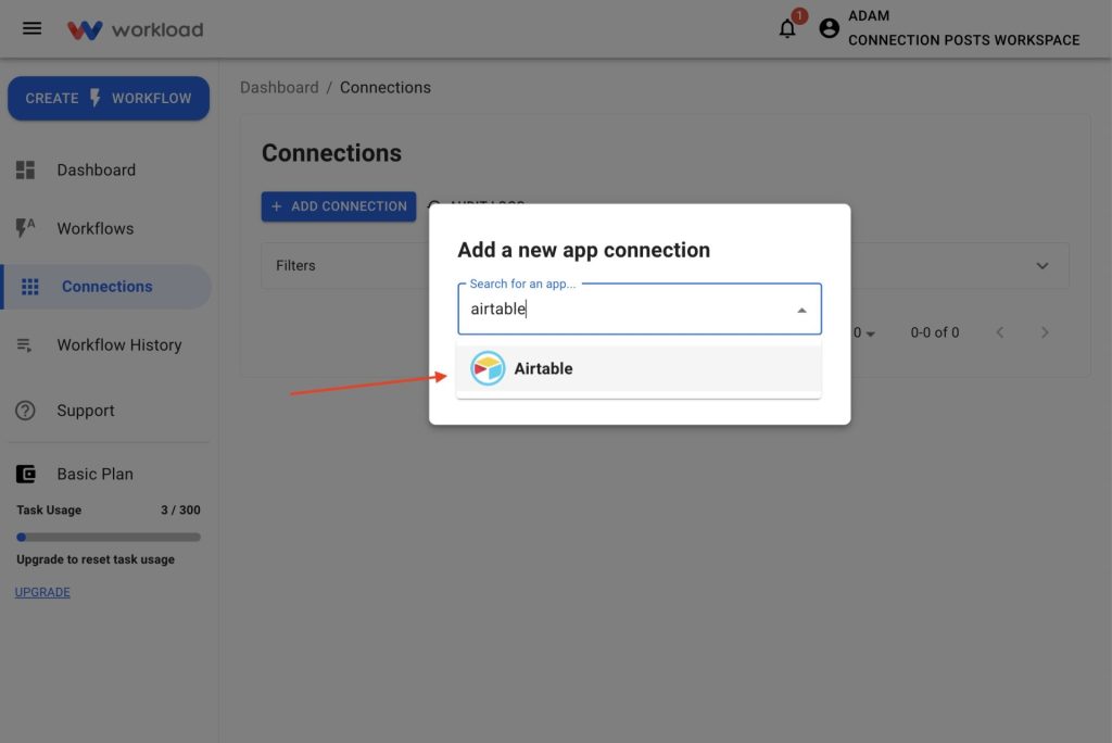 Search for Airtable in the app list popup to begin the process to connect Airtable to Workload.