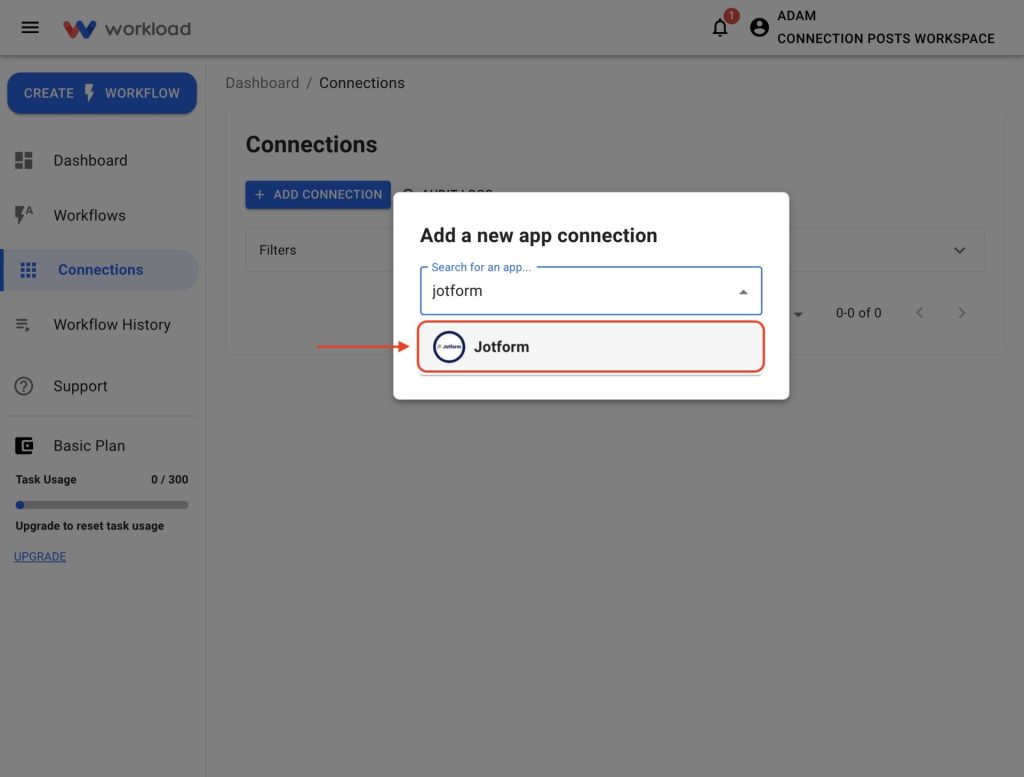 Select Jotform from the connection popup to Link Your Jotform Account in Workload