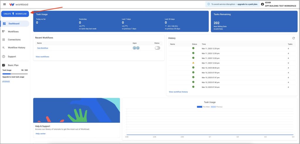 Click on "Create Workflow" in your Workload Dashboard to start building your Mailchimp to HubSpot Sync workflow.